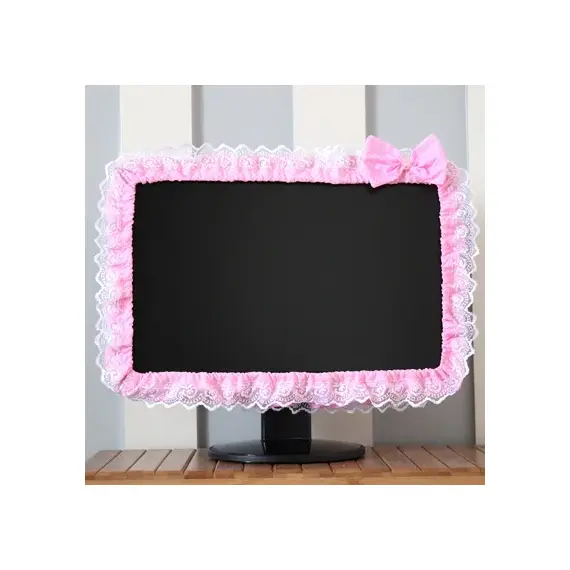 Lace Fabric Computer Frame Cover Monitor Screen Dust Cover With Elastic Pen Pocket Bow Home Decorations