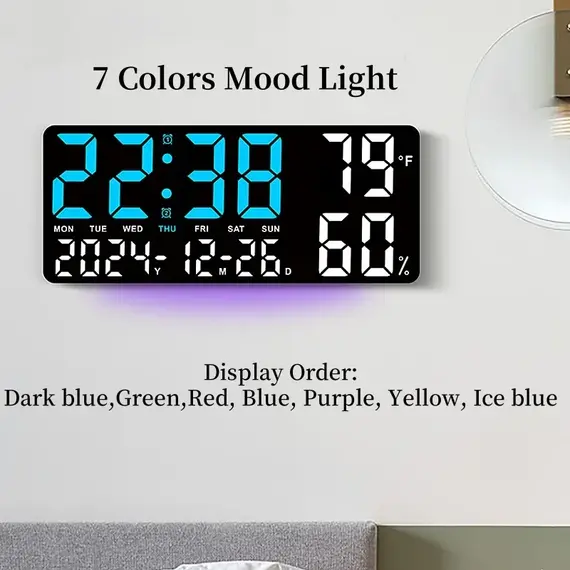 Large Digital Wall Clock with 7Colors Mood Light 2 Alarm TEMP Humidity Date Table Clock 12/24H Timing Countdown LED Alarm Clock
