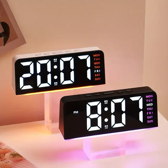 Innovative LED Digital Alarm Clock with Atmosphere Light & Date Display - USB Powered, Adjustable Brightness, Flat Crown Shape