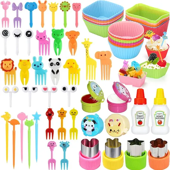 Mini Fruit Forks For Children Kids Cute Animal Food Picks Snack Toothpicks With Vegetable Cutter Set Silicone Lunch Box Dividers