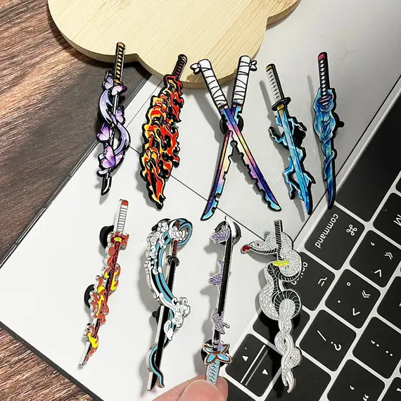4/9pcs Demon Slayer Nichirin Sword Enamel Pin Set Anime Katana Brooches, Tanjiro, Zenitsu, Inosuke Themed Lapel Pins Collection