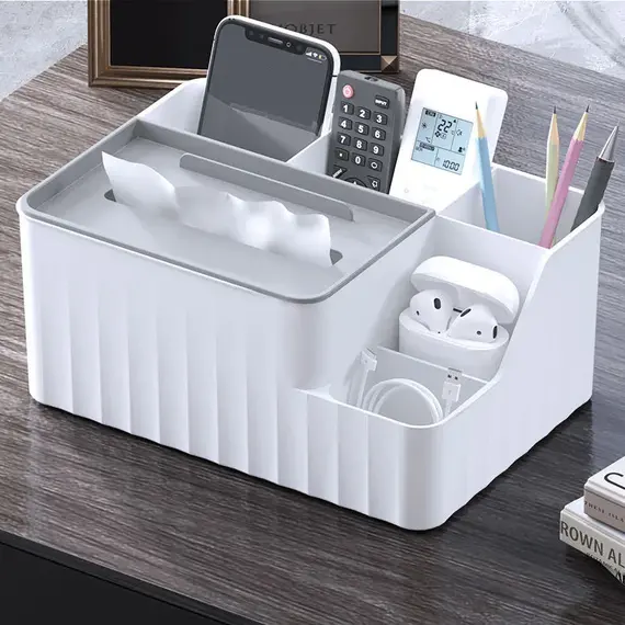 6-Section Desk Organizer - Multifunctional Tissue Box with Remote Holder, Plastic Storage for Living Room, Kitchen & Office