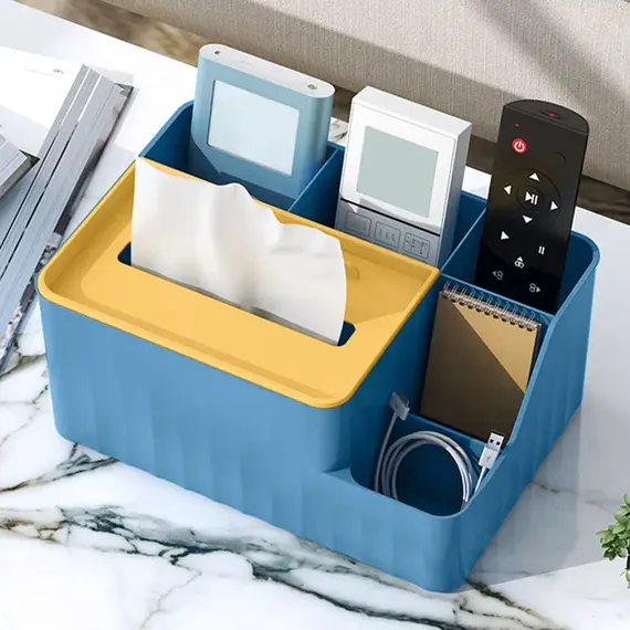 6-Section Desk Organizer - Multifunctional Tissue Box with Remote Holder, Plastic Storage for Living Room, Kitchen & Office