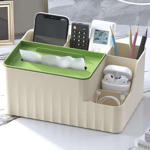 6-Section Desk Organizer - Multifunctional Tissue Box with Remote Holder, Plastic Storage for Living Room, Kitchen & Office