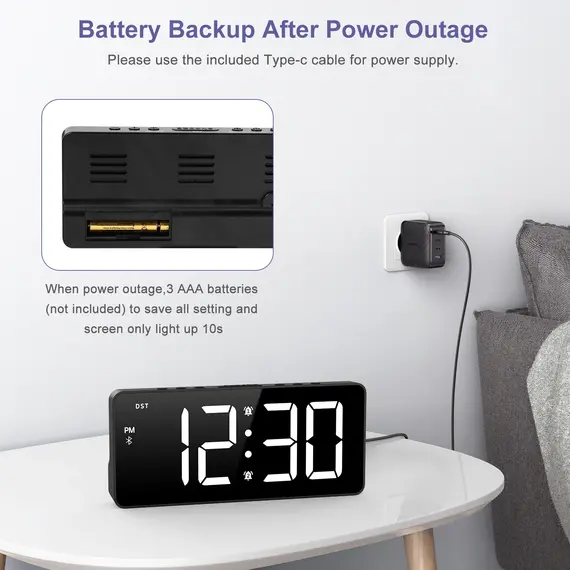 ORIA 7'' LED Alarm Clock with Bluetooth Sync Time Digital Alarm Clock with Dual Alarm & 5 Brightness Levels for Home Office Use