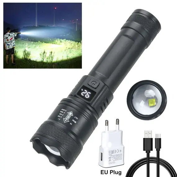 High Strong Power Led Flashlights 2000LM Tactical Torch with Display Light USB Charging Camping Fishing Emergency Zoom Lantern
