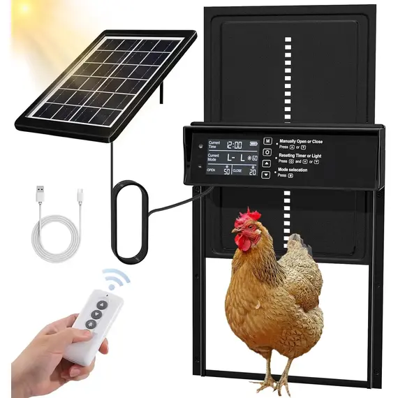 Solar Chicken Coop Door, Automatic Chicken Door Solar Powered & USB Charging, Auto Chicken Door 4 Modes with Timer & Light Senso