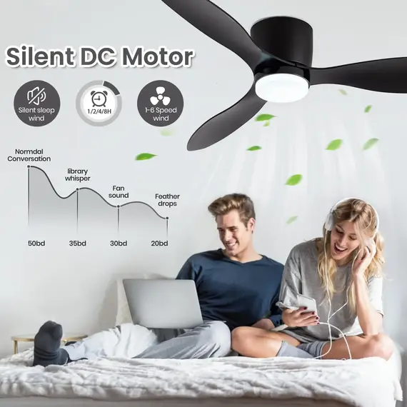 IRALAN Ceiling Fan With Light 6-speed choice Reversible DC motor 3CCT with remote control Whisper Easy Install black/White/Wood