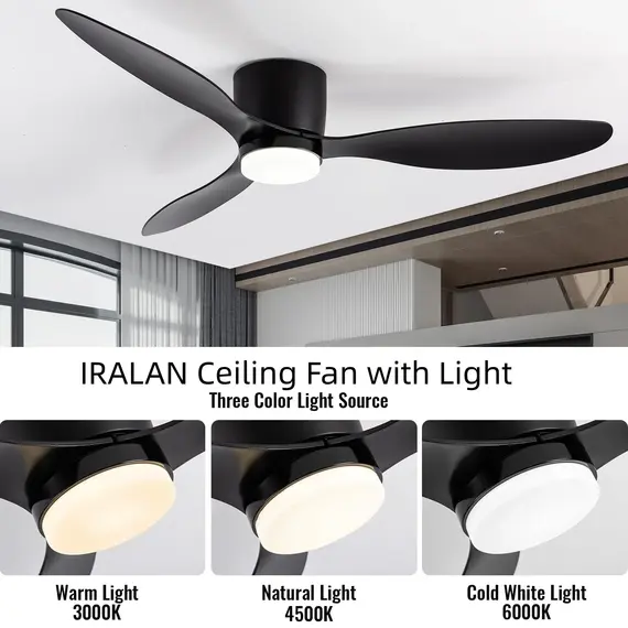 IRALAN Ceiling Fan With Light 6-speed choice Reversible DC motor 3CCT with remote control Whisper Easy Install black/White/Wood