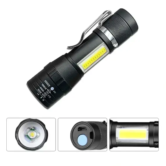 Portable Rechargeable LED Flashlight with Pen Clip Zoomable Waterproof Torch with Side Light Outdoor Camping Emergency Lantern