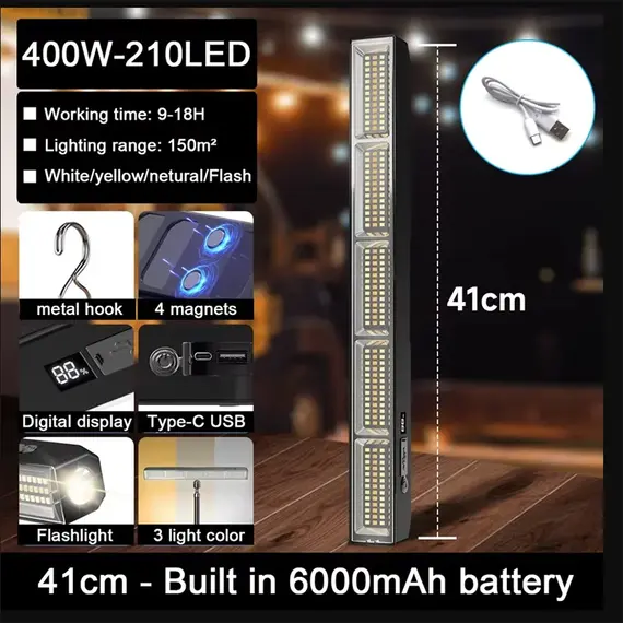 【High Power Magnetic LED Light Bar】2026 New Portable USB Rechargeable Work Light 3 Modes IP66 Waterproof Emergency Power Bank