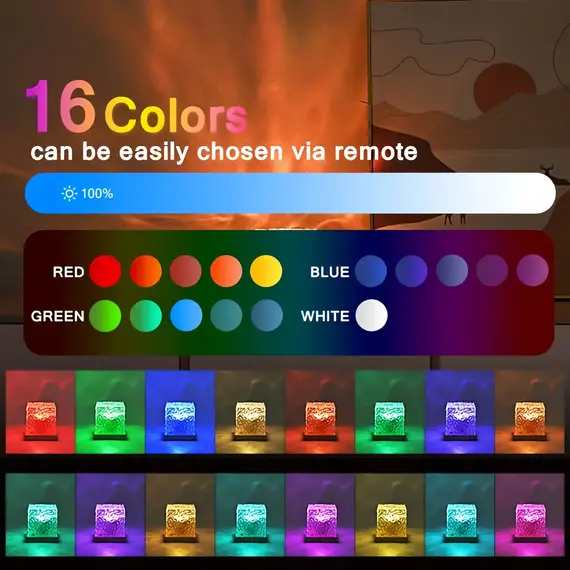 16 Colors Water Ripple Projector Dynamic Rotating LED Night Light with Remote Dimming Family Bedroom Romantic Ocean Decor Lamp