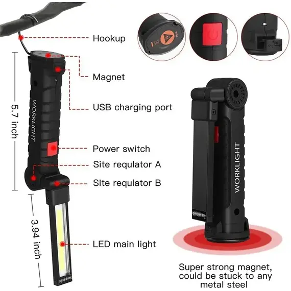 LED COB Flashlight USB Rechargeable Torch Inspection Lamp with Magnetic，Hook 360° Rotatable Light Outdoor Emergency Working Lamp
