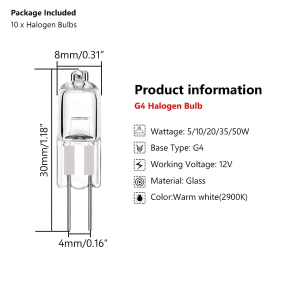 10pcs Halogen Bulb G4 12V 5W 10W 20W 35W 50W Globe Lot JC Bi-Pin LED Warm White Replace LED Capsule Lamp Halogen Bulbs Light