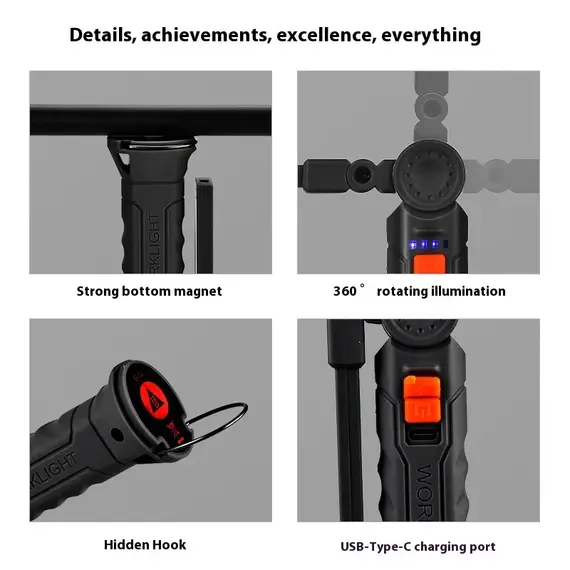 450LM COB LED Worklight Flashlight USB-C 800mA Work Light Magnetic 360° Garage Repair Inspection Lamp 4Mode Pocket Flood Light