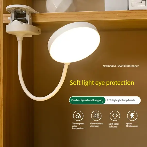 USB Rechargeable Clip On Desk Lamp, 3 Color Temperatures & Dimmable, LED Reading Light for Study Office Bedroom