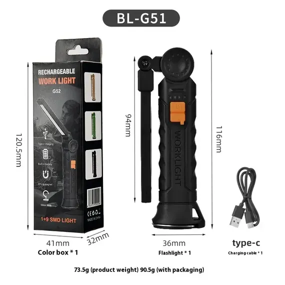450LM COB LED Worklight Flashlight USB-C 800mA Work Light Magnetic 360° Garage Repair Inspection Lamp 4Mode Pocket Flood Light