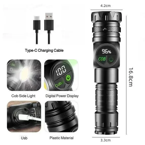 Super Bright LED Flashlight Rechargeable Zoomable Digital Display Tactical Light Waterproof Camping Outdoor Handheld Spotlight