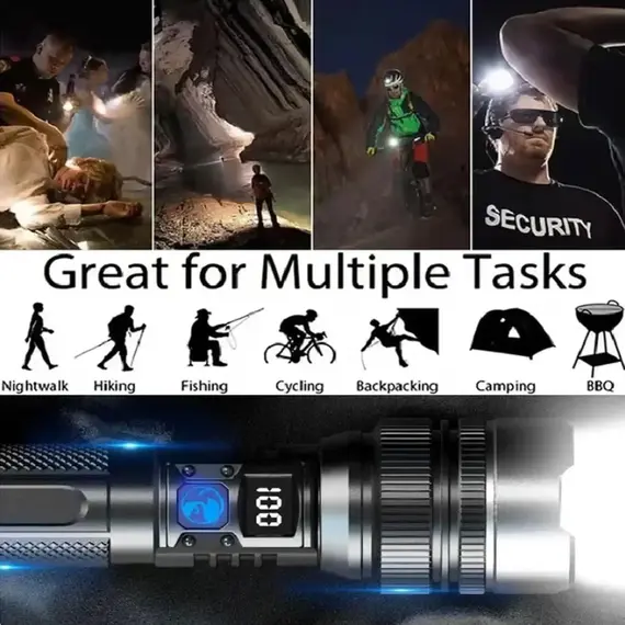 Super Bright LED Flashlight Rechargeable Zoomable Digital Display Tactical Light Waterproof Camping Outdoor Handheld Spotlight