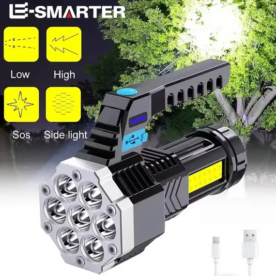 High Power Rechargeable Led Flashlights 7LED Camping Torch With Cob Side Light Lightweight Outdoor Lighting ABS Material
