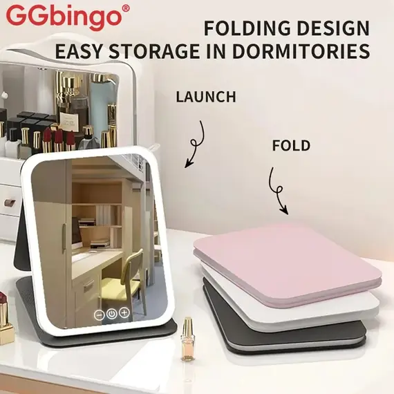 GGbingo USB Rechargeable Vanity Mirror with Touch 3 Color LED Lights Dimming Portable Folding Makeup Mirror for Home Travel