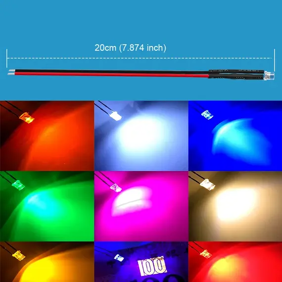 10pcs 3mm 5mm Flat LED DC 5V-12V  Pre-Wired Water Clear Leds Red Yellow Blue Green White Orange Pink UV Light Lamp Bulb