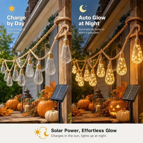 Solar String Lights Hemp Rope Edison Bulb Fairy Lights 4M/6M/8M Warm White for Garden Patio Pergola Wedding Christmas Decor