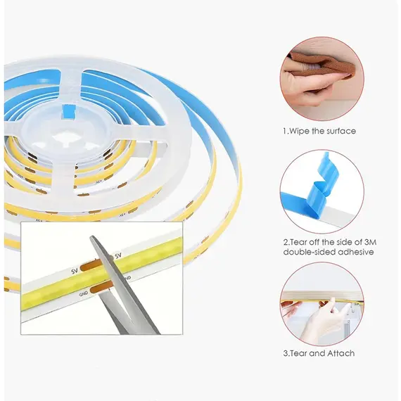5V COB LED Strip Light Self-adhesive USB Flexible LED Tape with Switch High Density Linear Lighting for Kitchen Cabinet Bedroom