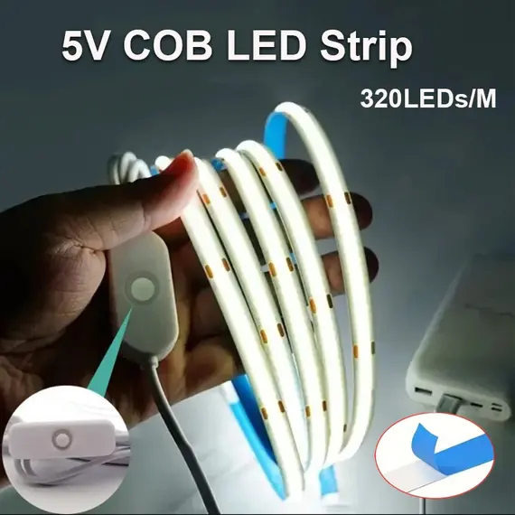 5V COB LED Strip Light Self-adhesive USB Flexible LED Tape with Switch High Density Linear Lighting for Kitchen Cabinet Bedroom