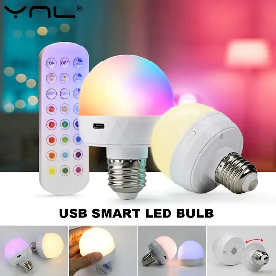 RGB LED Light Bulb USB 5V Charging Smart Remote Control Dimmable For Bedroom Bedside Living Room Bar LED Lighting Fixtures
