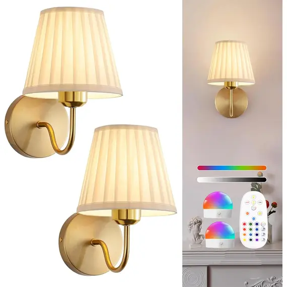 Battery-Powered Wall Light, Wireless Charging Wall Light with Remote Control, Dimmable, 15Rgb, Timer, Suitable for Living Room, Bedroom, Entryway, Gold Color
