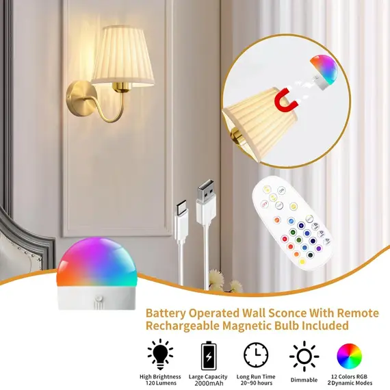Battery-Powered Wall Light, Wireless Charging Wall Light with Remote Control, Dimmable, 15Rgb, Timer, Suitable for Living Room, Bedroom, Entryway, Gold Color