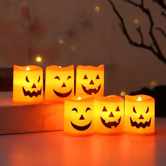 6Pcs LED Candle Light Battery Powered Pumpkin Skull Ghost Spooky Light Halloween Party Decora Ambiance Electronic Candle Lights