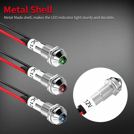 LED Indicator Light 12V DC 8MM 5/16" 12 Volt Waterproof Metal Led Light Red Blue Green Lamp with Wire Leads for Dash Car Truck