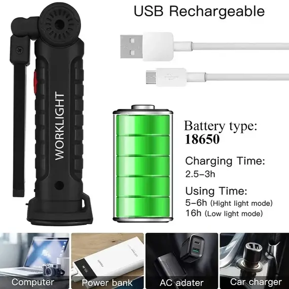 Portable COB LED Flashlight USB Rechargeable Work Light Magnetic Lanterna Hanging Lamp with Built-in Battery Camping Torch