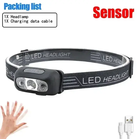 Strong Light Headlamp Portable LED Sensor Headlamp USB-C Rechargeable Head Flashlight Outdoor Camping Fishing Emergency Lantern