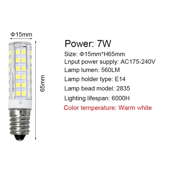 LED Bulb E14 7W AC220V SMD2835 White Light 6000K Warm White 3000K - Refrigerator Range Hood Lighting Replacement Bulb