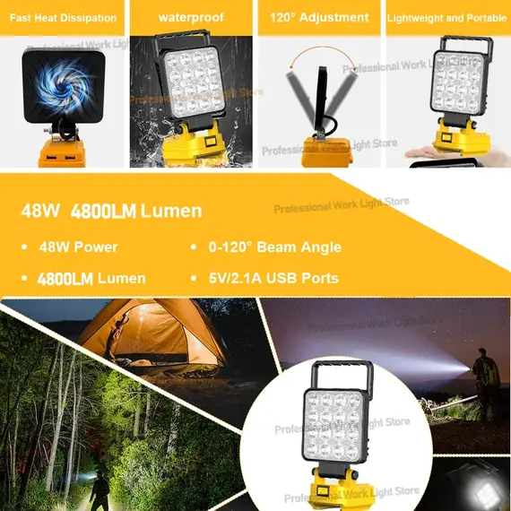 3/4/5/8-inch For Dewalt Work Light 18V Lithium Battery Wireless LED Lights Compatible DCB204 DCB206 Portable Outdoor Flashlight