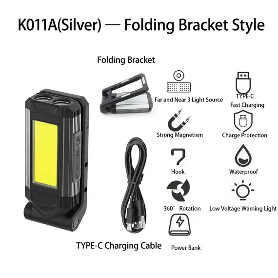 Portable COB Magnetic Work Light Rechargeable LED Flashlight Super Bright Camping Waterproof Car Repair Lamp with Brackets