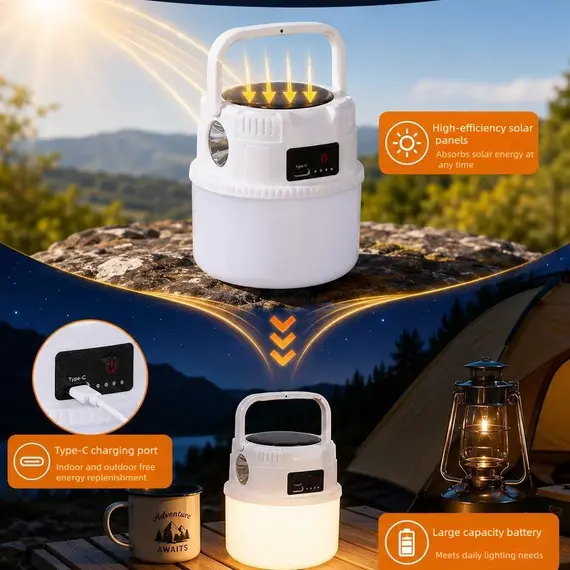 Solar LED Outdoor Camping Lamp Portable Lamp Configuration Hook Supports TYPE-C Charging