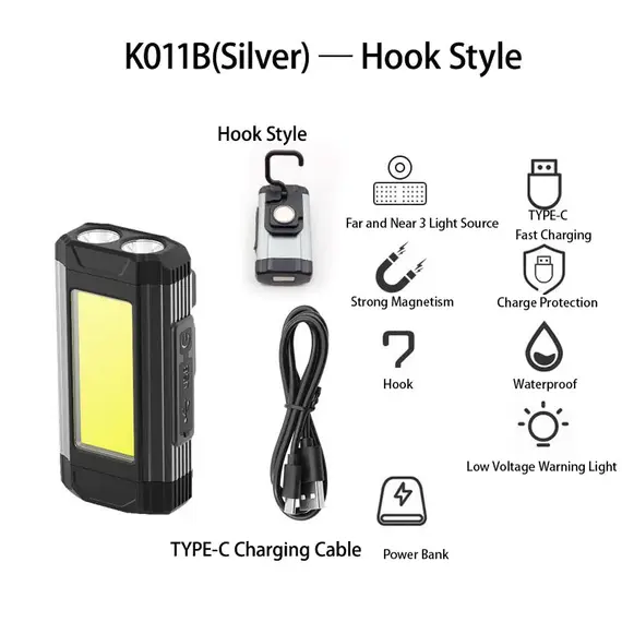 Portable COB Magnetic Work Light Rechargeable LED Flashlight Super Bright Camping Waterproof Car Repair Lamp with Brackets
