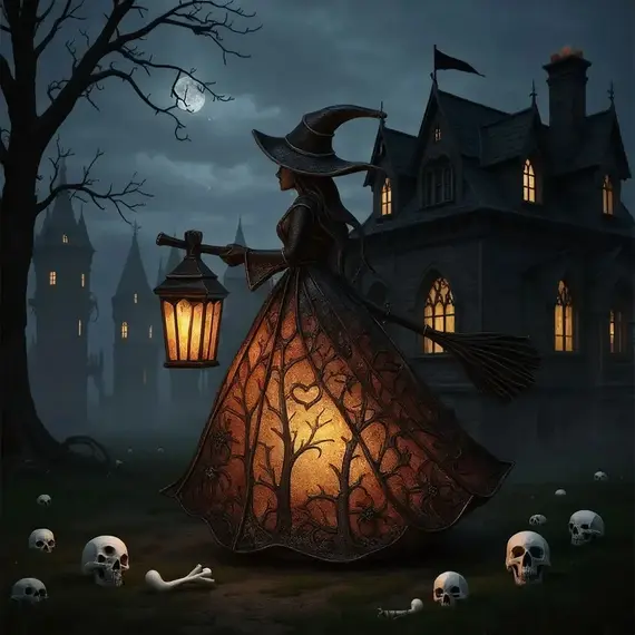 Halloween Witch Lantern LED Night Light Resin Statue Gothic Home Decor with Broom for Spooky Party