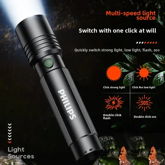 Philips Aluminum alloy Super Bright Rechargeable Flashlight - Long Range Zoom, Portable for Outdoor & Home Use  Defensa Personal