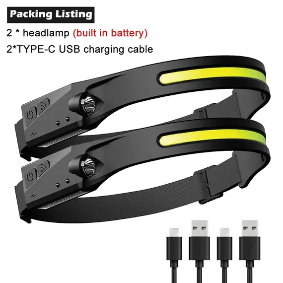 Induction Headlamps COB LED Sensor Head Lamp Built-in Battery Flashlight USB Rechargeable Head Torch 5 Lighting Modes Headlight
