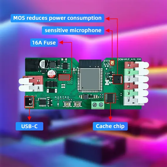 DOMRAEM ESP32 WLED USB-C Addressable LED Controller with Music Mic/UART Supports WS2814/12B RGB IC Strips etc.16A Fuse HA Alexa