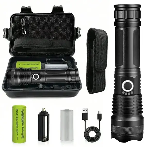 Aluminum Alloy Rechargeable Flashlight High Power Waterproof  Torch Light Zoomable with Storage Box Handheld Flash Lights