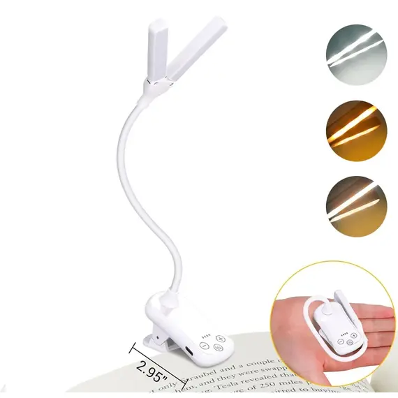 Dual Heads 14 LED Touch Control Reading Light with 3 Colors&8 Brightness USB Rechargeable Eye Care Book Light Clip on Book/Desk