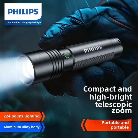 Philips Aluminum alloy Super Bright Rechargeable Flashlight - Long Range Zoom, Portable for Outdoor & Home Use  Defensa Personal