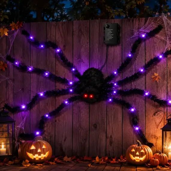 1pc Halloween Giant Light Up Fuzzy Black Spider Purple LED Battery Powered 8 Modes Spider Lights For Indoor Outdoor Porch Decor