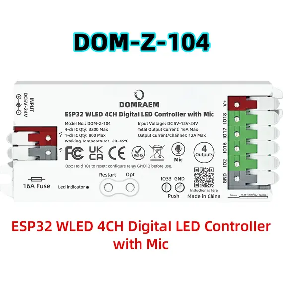 DOMRAEM ESP32 4 Output WLED Controller 16A Fuse & Level Shifter Sound Sync Compatible with WS281x Digital RGB IC LED Strip Light